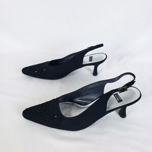 Stuart Weitzman Slingback Kitten Heels Womens 8.5 Black Lace Rhinestone Elegant